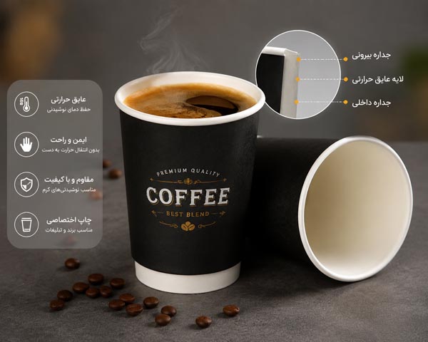 لیوان کاغذی دوجداره قهوه با طراحی عایق حرارتی مناسب نوشیدنی‌های گرم در کافی‌شاپ