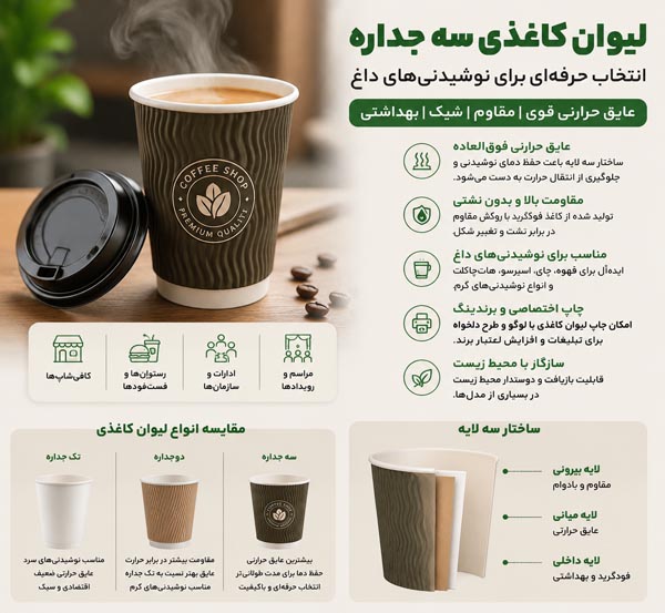 لیوان کاغذی سه جداره با طراحی عایق حرارتی قوی مناسب سرو قهوه و نوشیدنی‌های داغ در کافه‌ها و رستوران‌ها